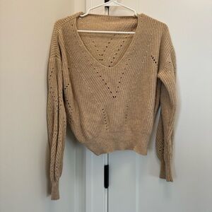 Tan V-Neck Cable Knit Sweater